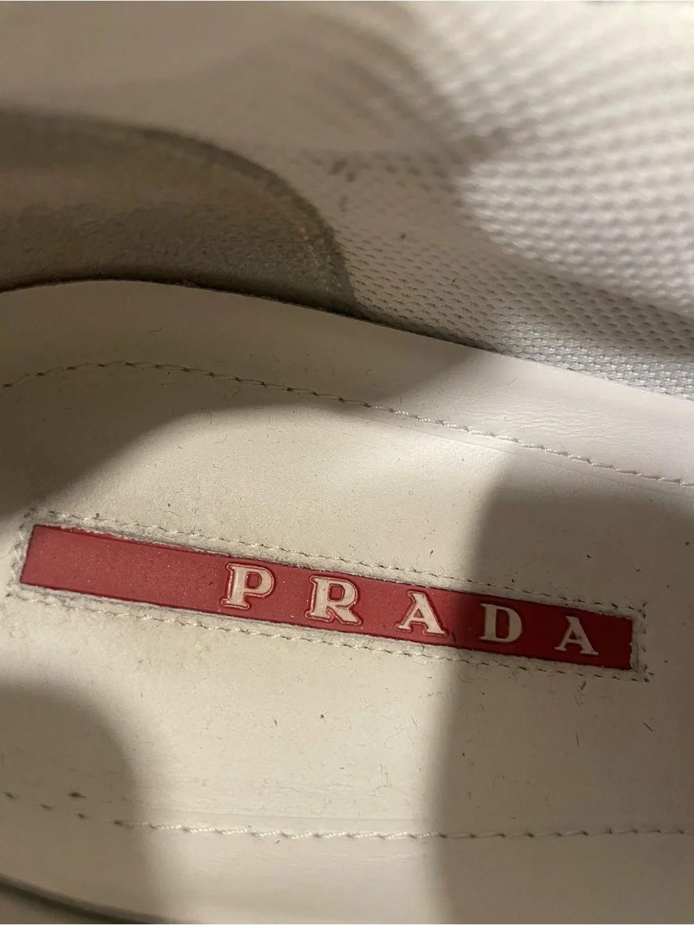 Prada mens White and Gray Velcro Sneakers with Red Accent